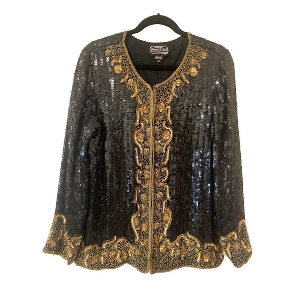 VTG Jean 4 Joseph Le Bon 100% Silk Cocktail Evening Jacket Sequin Black Gold MED - Picture 3 of 12